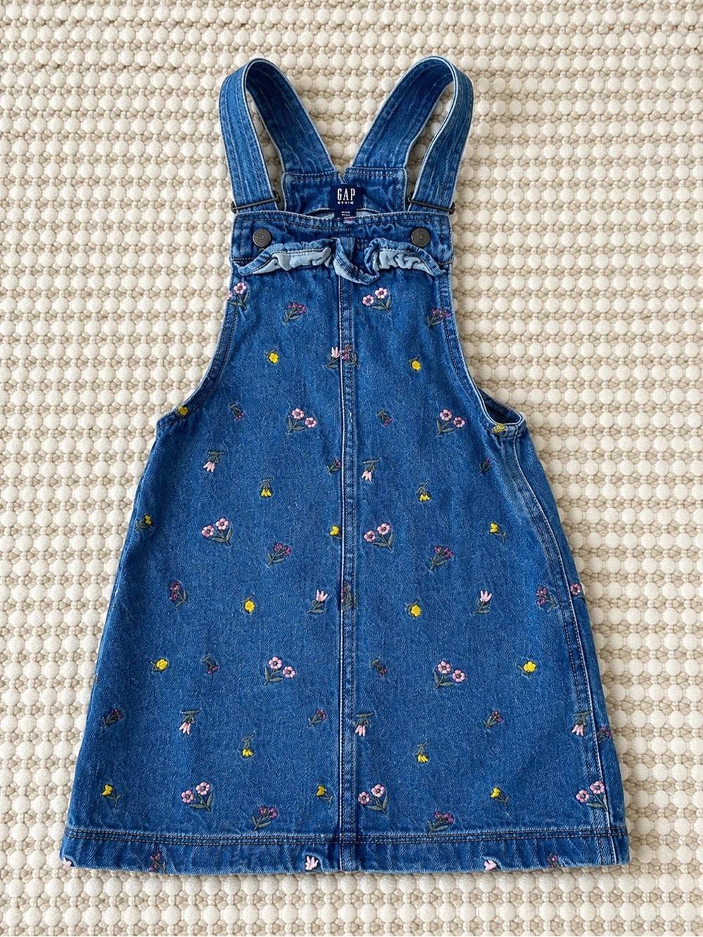 Gap Kids Embroidered Denim Overall Dress – Size 5 | Floral Jean Jumper Dress
